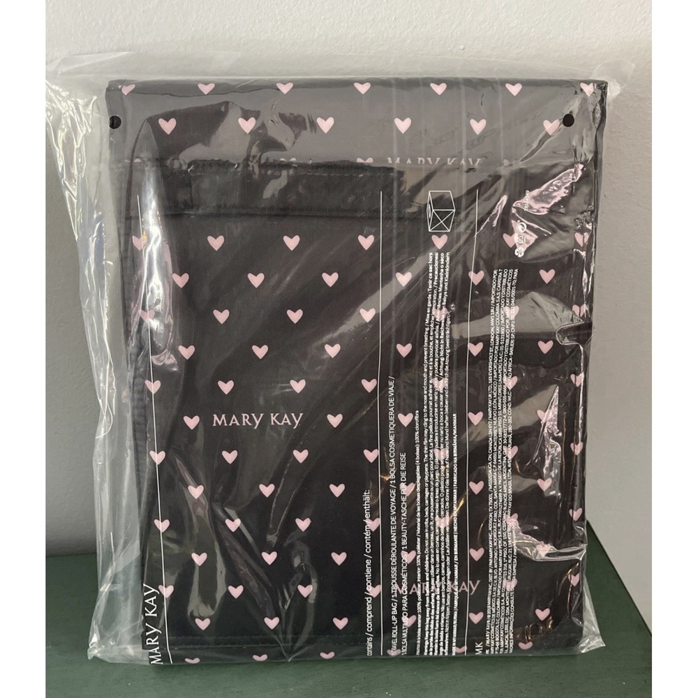 Mary Kay Travel Roll Up Bag Black Pink Heart Print Cosmetic Organizer New‎